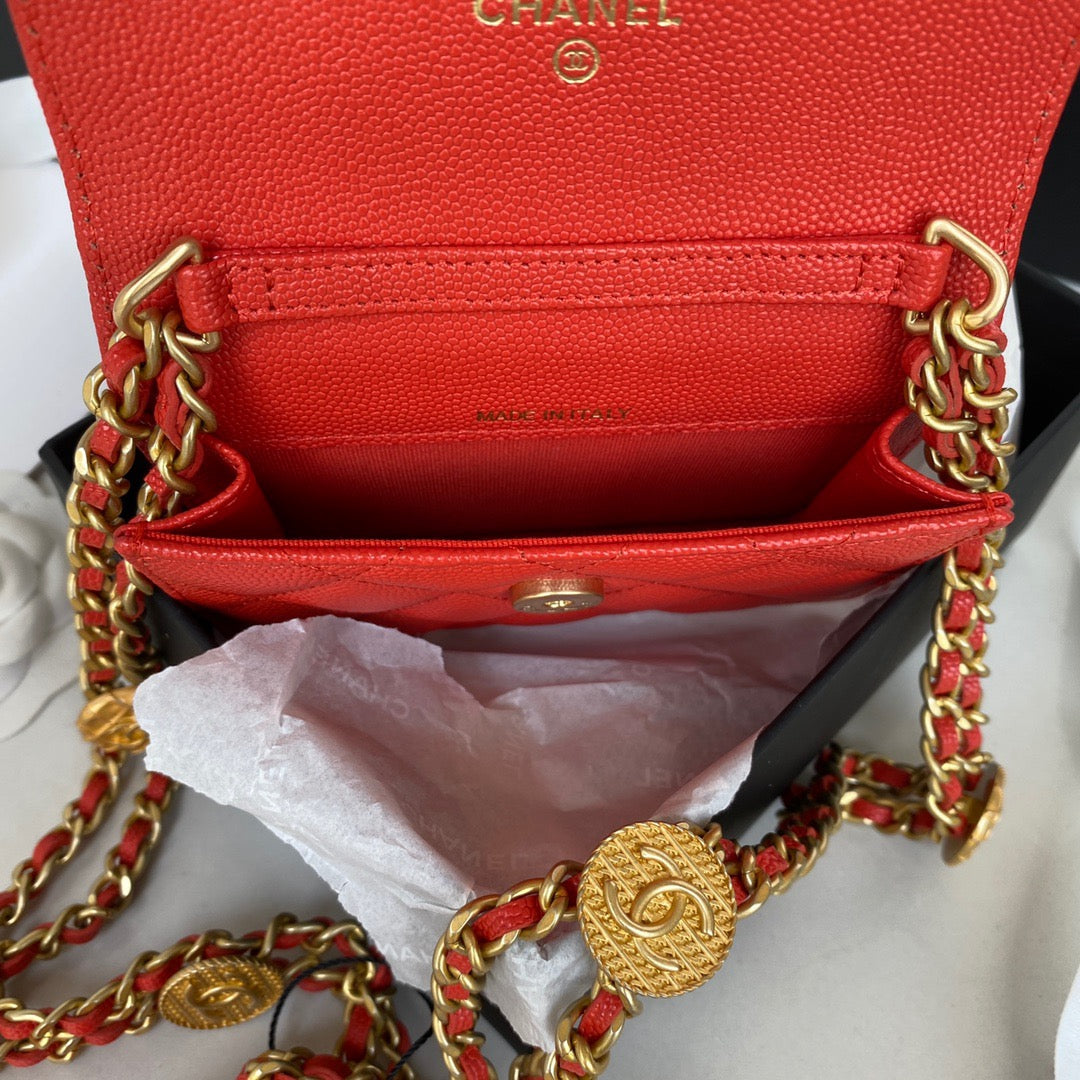 CHL Clutch With Chain Gold Hardware Grained Shinny Red For Women Handbags, Shoulder Bags 4.7in/12cm AP2857