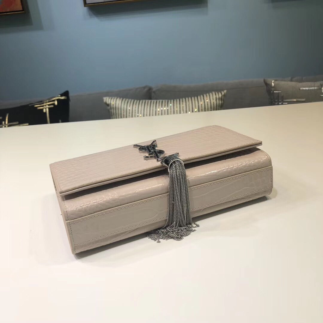 Top Quality Kate Small Chain Bag With Tassel In Embossed Beige For Women 7.8in/20cm YSL 