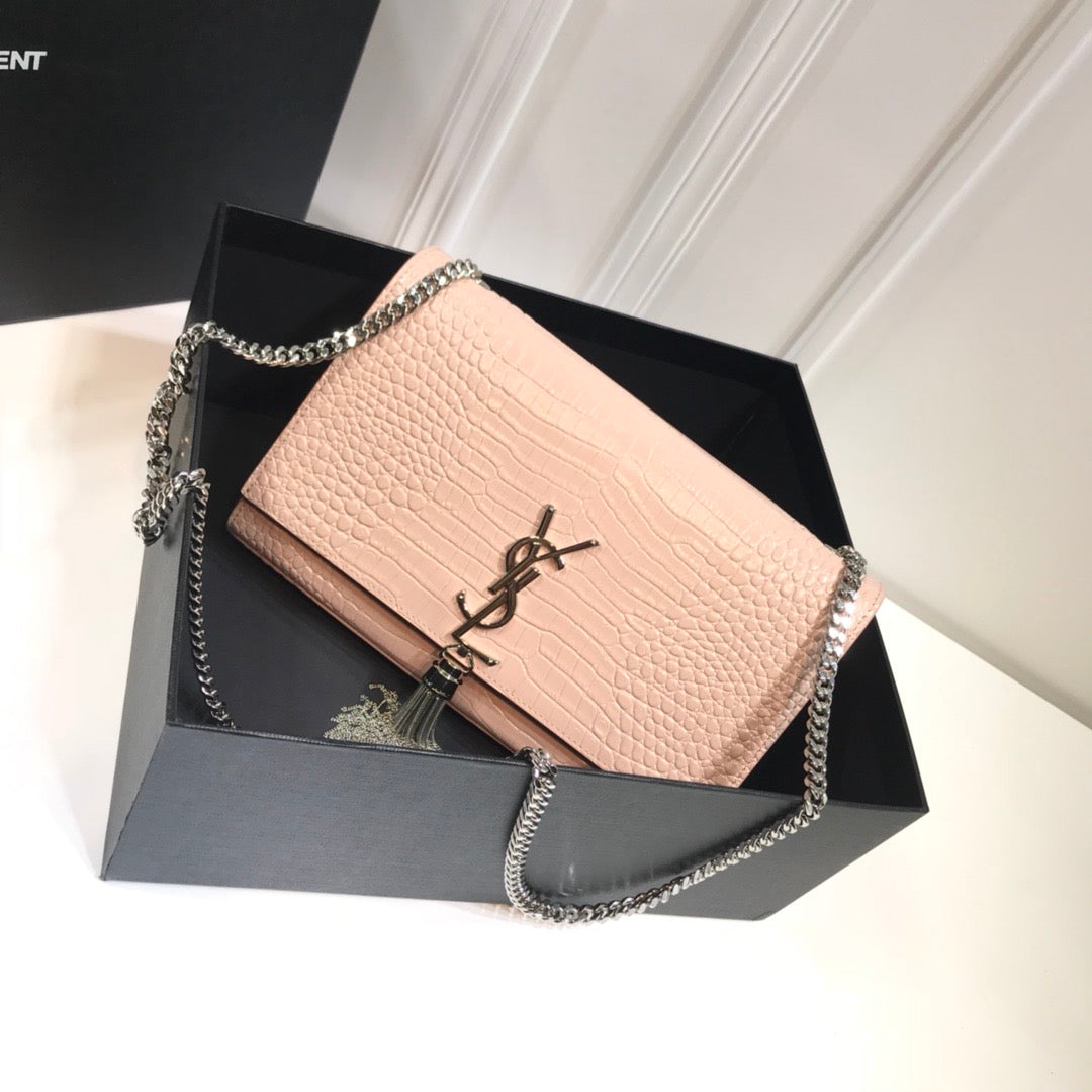 Top Quality Kate MeTop Qualityum Chain Bag With Tassel In Embossed CrocoTop Qualityle Dark Beige For Women 9.4in/24cm YSL