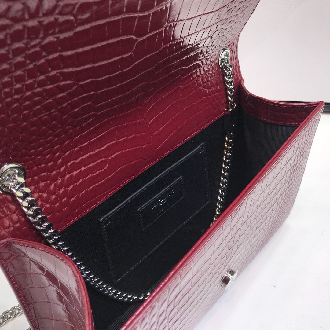 YSSL Kate Medium Chain Bag With Tassel In Shiny-Embossed Burgundy For Women 9in/24cm 