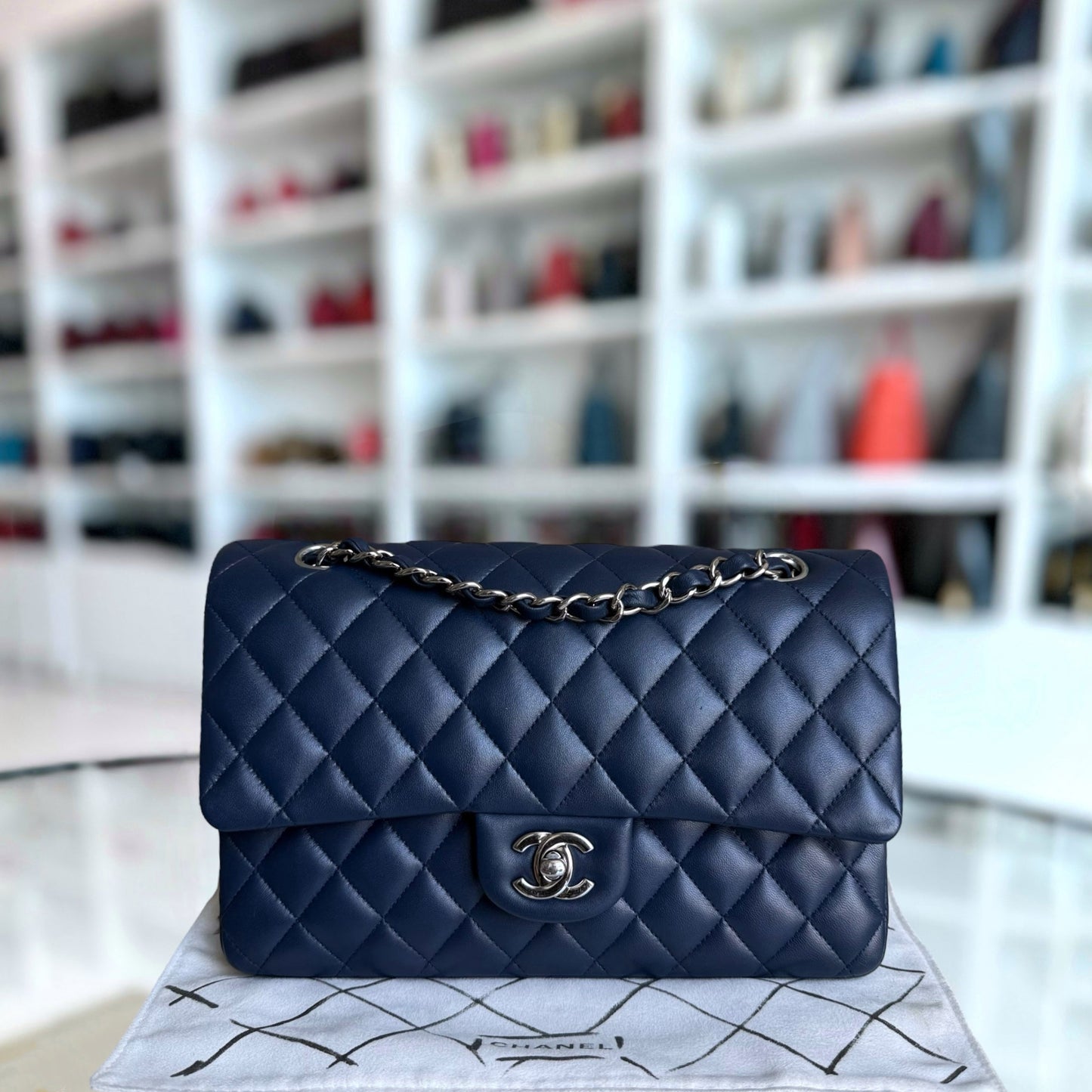 Chanel Classic Flap Medium - 25CM Quilted Lambskin Dark Blue Silver Hardware Series 22