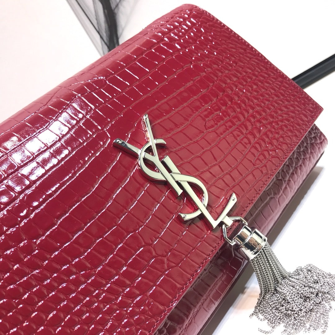 Top Quality Kate MeTop Qualityum Chain Bag With Tassel In Shiny-Embossed Burgundy For Women 9.4in/24cm 
