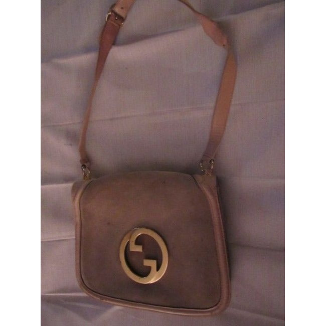 light greyish taupe suede and ivory leather, Gucci 'Blondie', saddle bag, envelope top, shoulder bag with a large, open gold 'GG' emblem
