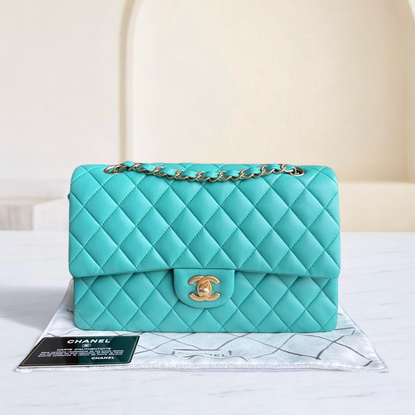 Chanel Classic Flap Medium - 25CM Quilted Lambskin Cyan Blue Gold Hardware Series 27
