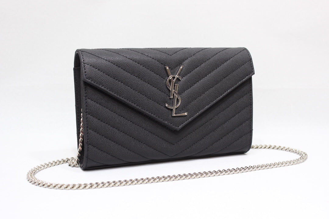 Top Quality Cassandre Matelassé Chain Wallet In Grain De Poudre Embossed Black For Women 8.8in/23cm YSL 377828BOW021000