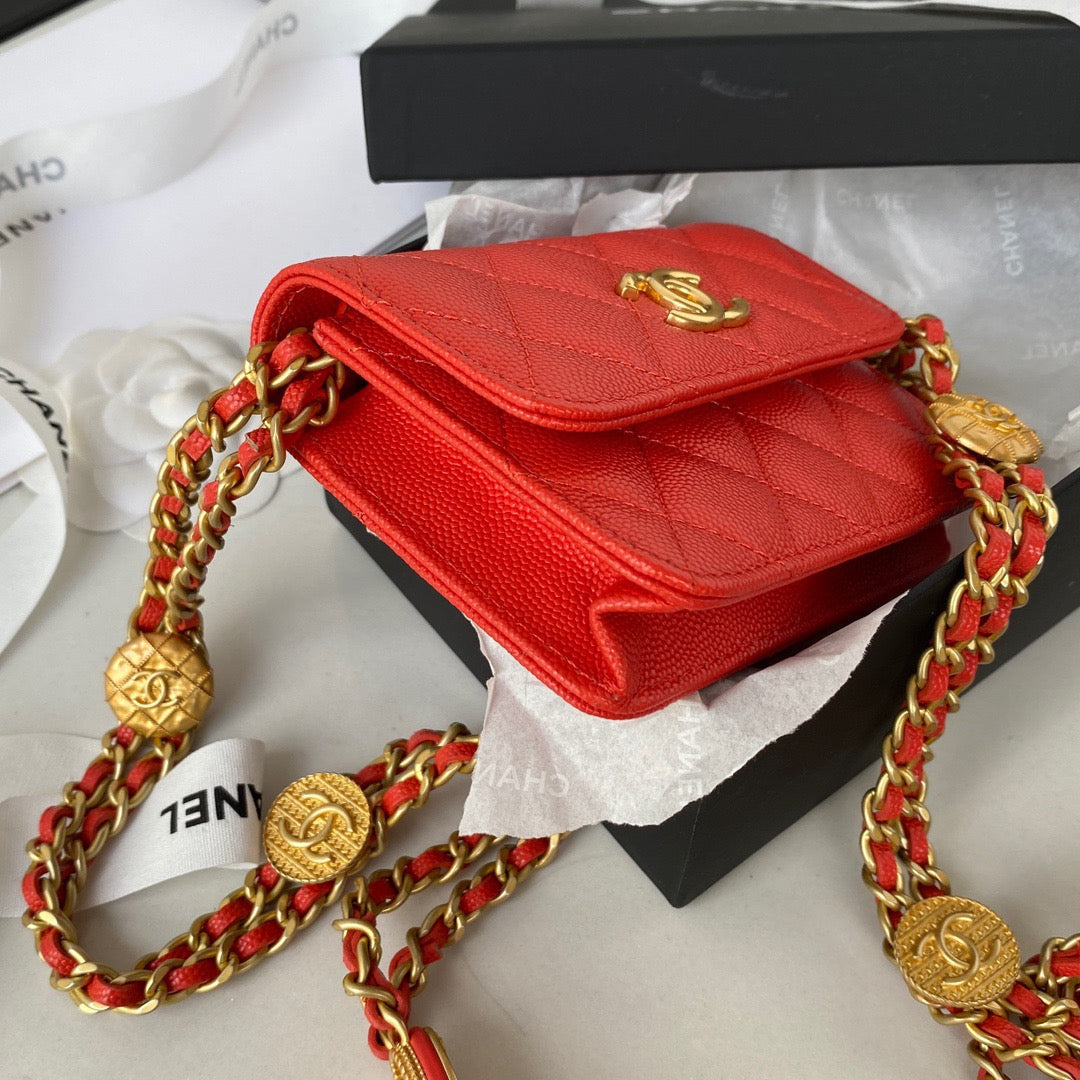 CHL Clutch With Chain Gold Hardware Grained Shinny Red For Women Handbags, Shoulder Bags 4.7in/12cm AP2857
