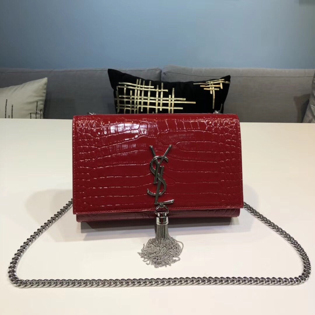 Top Quality Kate Small Chain Bag With Tassel In Embossed Burgundy For Women 7.8in/20cm YSL 
