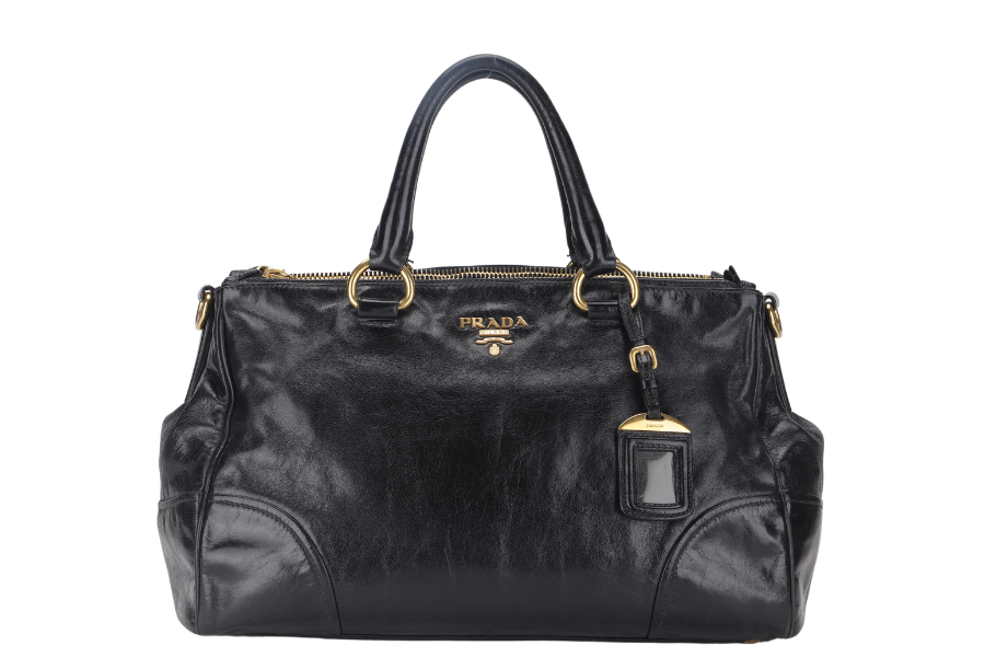 PRADA VITELLO SHINE DOUBLE ZIP BLACK GOLD HARDWARE WITH STRAPS AND DUST COVER