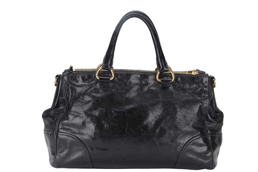 PRADA VITELLO SHINE DOUBLE ZIP BLACK GOLD HARDWARE WITH STRAPS AND DUST COVER