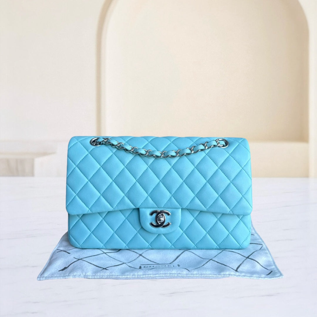 Chanel Classic Flap Medium - 25CM Quilted Lambskin Light Blue Silver Hardware Series 27