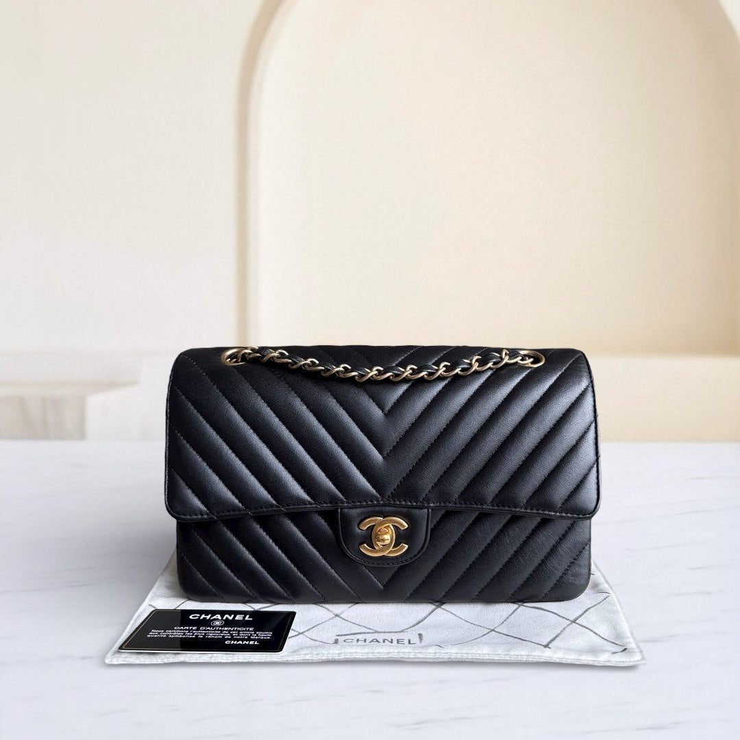 Chanel Classic Flap Medium - 25CM Chevron Lambskin Black Gold Hardware Series 27