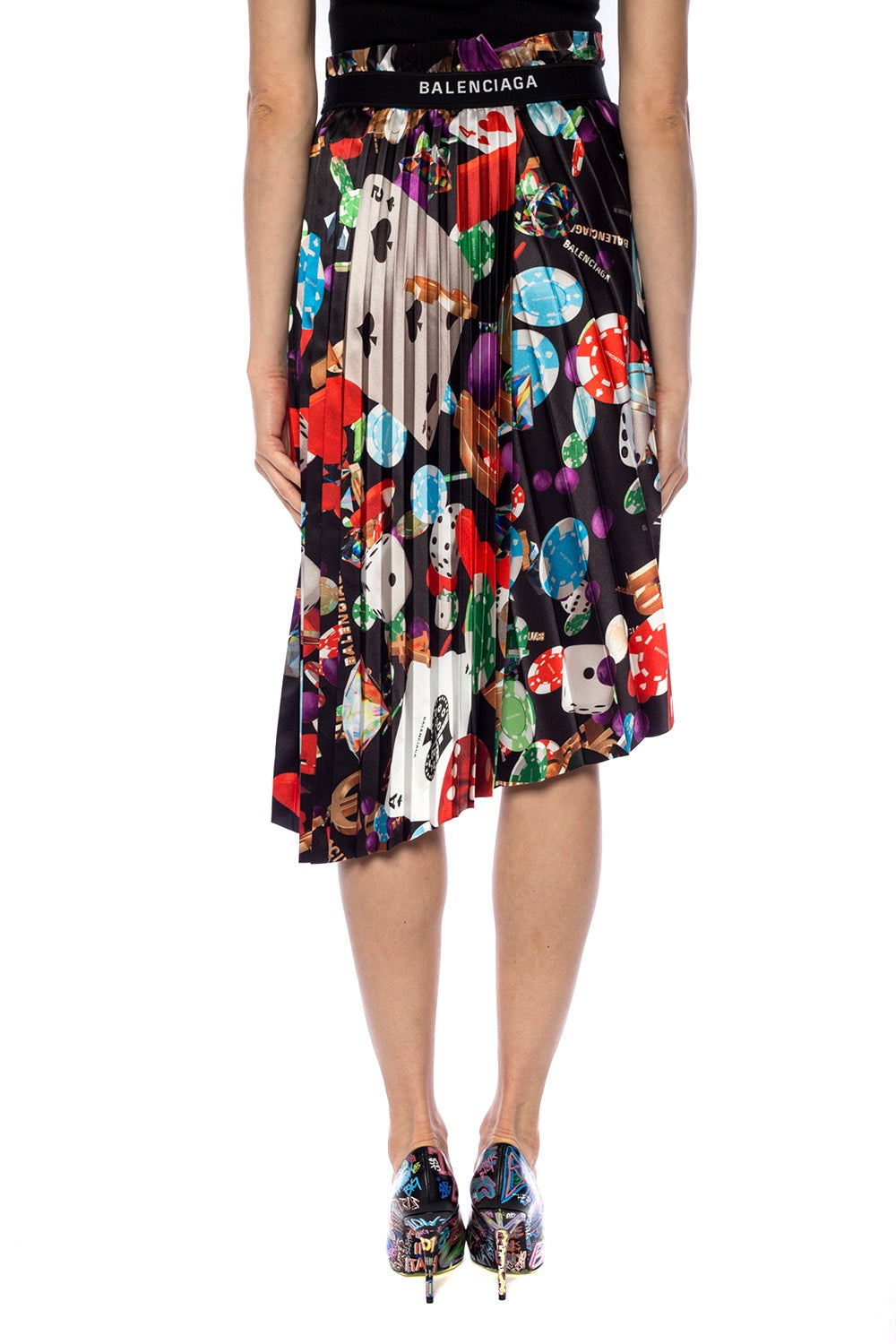 BALENCIAGA ASYMMETRICAL MULTI COLOR PLEATED SKIRT WITH LOGO