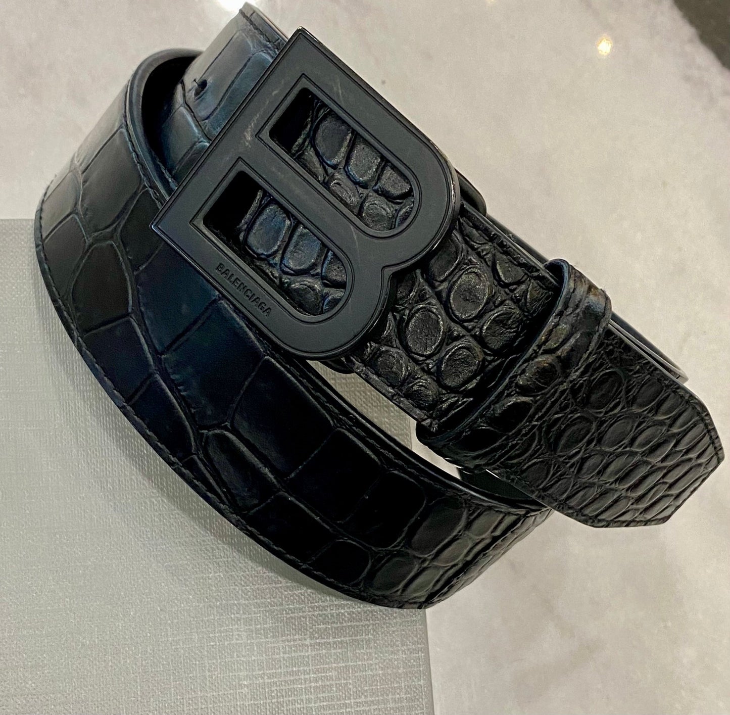 BALENCIAGA CROC EMBOSSED HOURGLASS B-LOGO LEATHER BELT