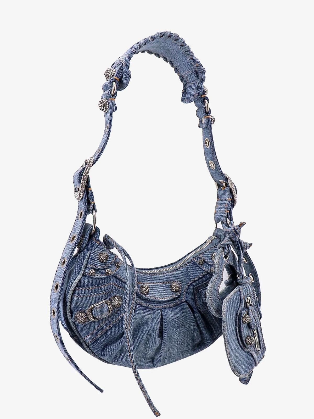BALENCIAGA LE CAGOLE SMALL DENIM CRYSTAL SHOULDER BAG
