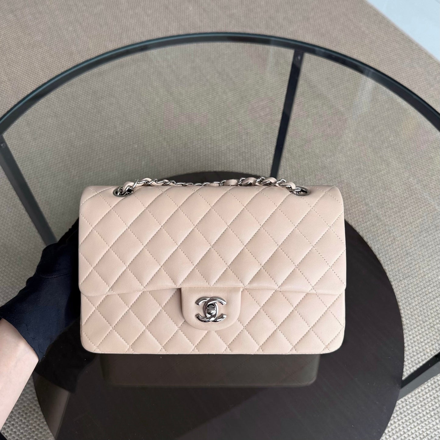 Chanel Classic Flap Medium - 25CM Quilted Lambskin Beige Silver Hardware Series 14
