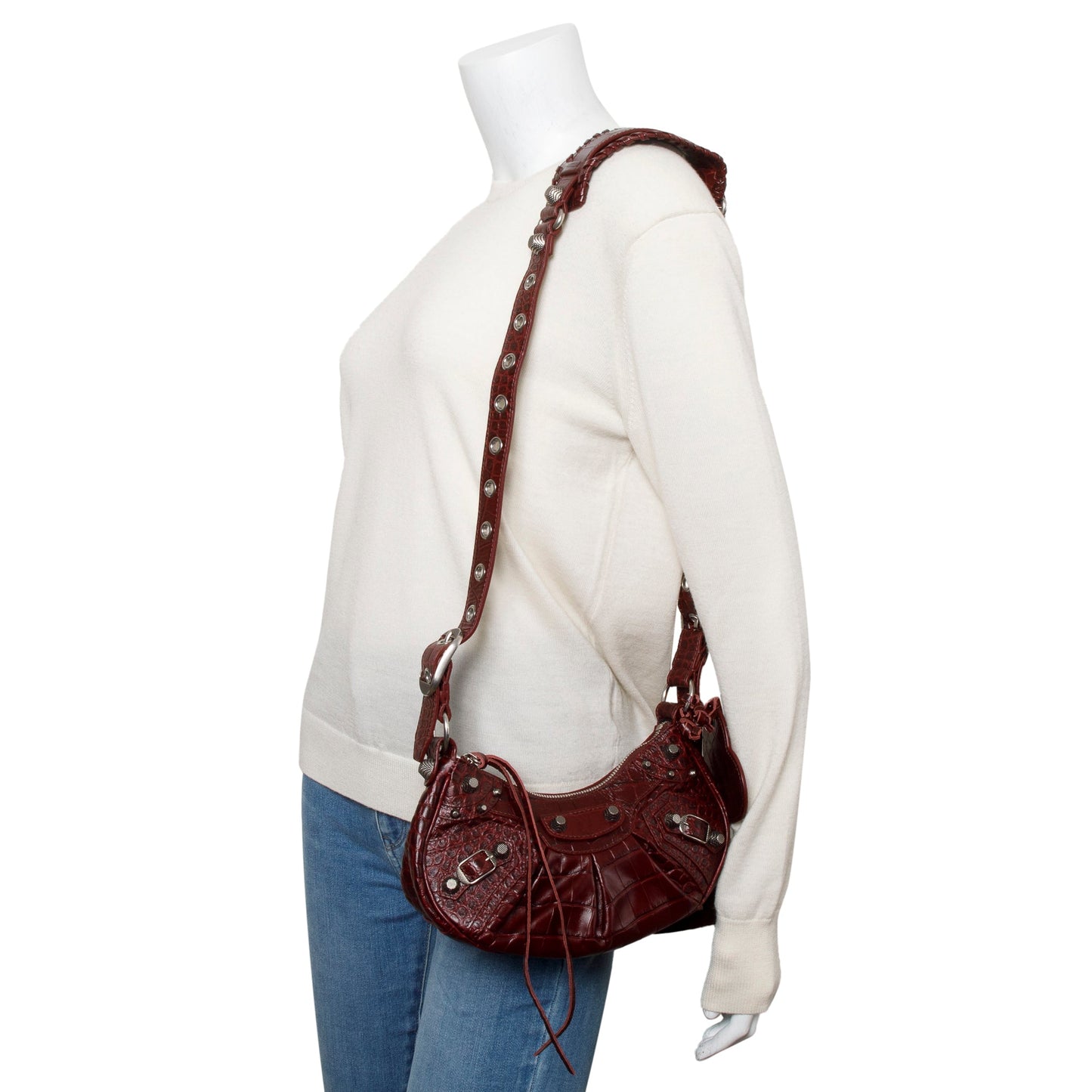 Balenciaga Burgundy Calfskin Crocodile Embossed Le Cagole XS Shoulder Bag