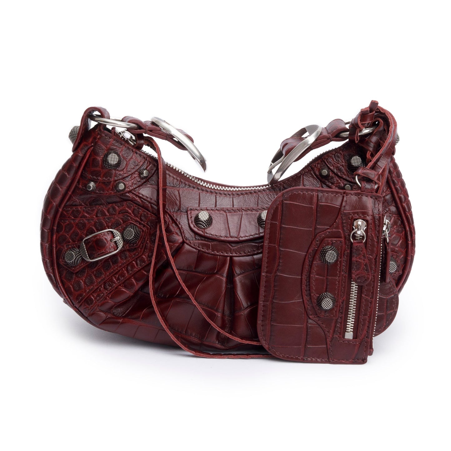 Balenciaga Burgundy Calfskin Crocodile Embossed Le Cagole XS Shoulder Bag