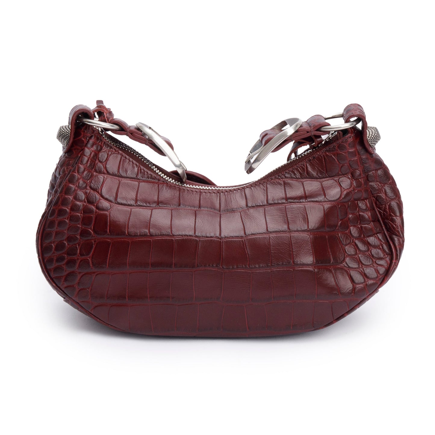 Balenciaga Burgundy Calfskin Crocodile Embossed Le Cagole XS Shoulder Bag