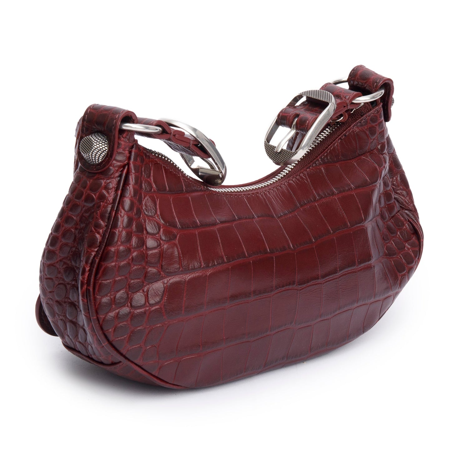 Balenciaga Burgundy Calfskin Crocodile Embossed Le Cagole XS Shoulder Bag