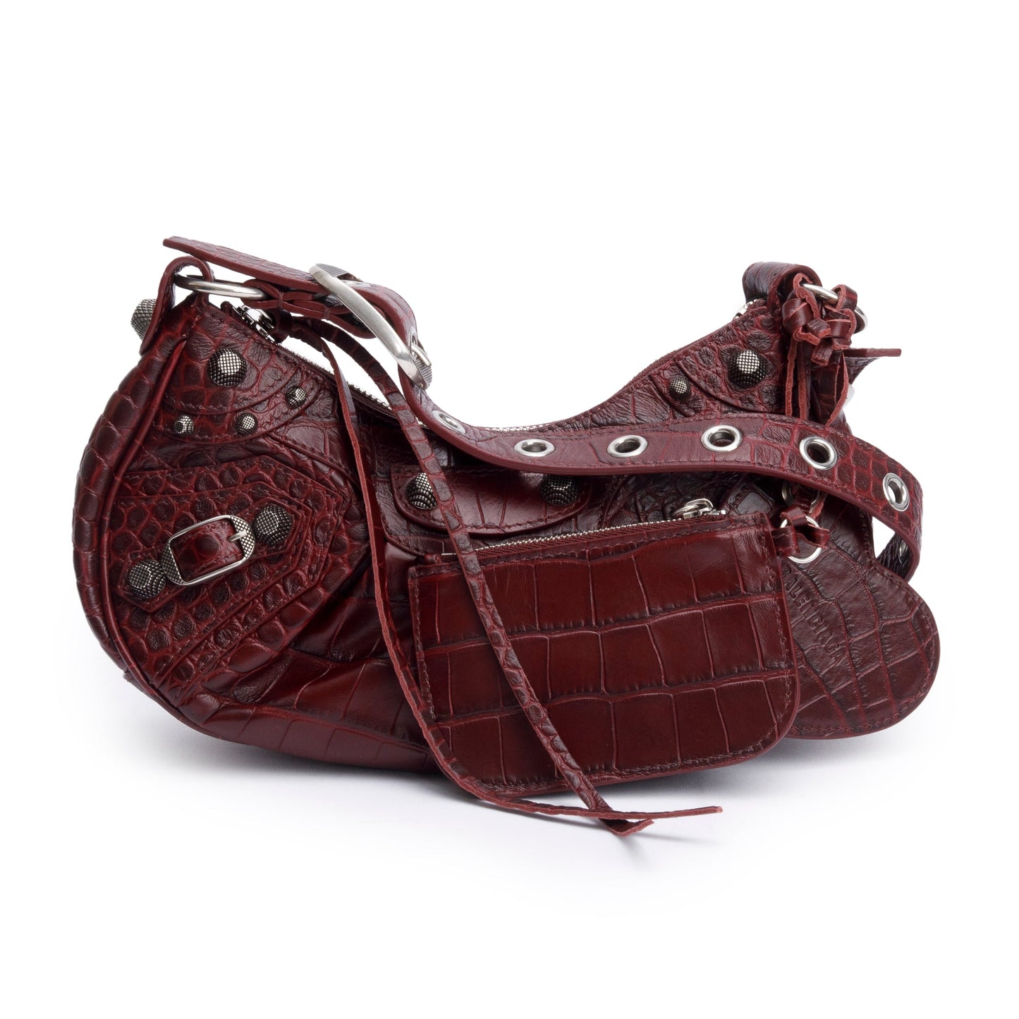 Balenciaga Burgundy Calfskin Crocodile Embossed Le Cagole XS Shoulder Bag