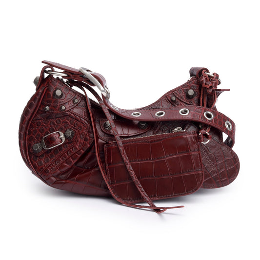 Balenciaga Burgundy Calfskin Crocodile Embossed Le Cagole XS Shoulder Bag
