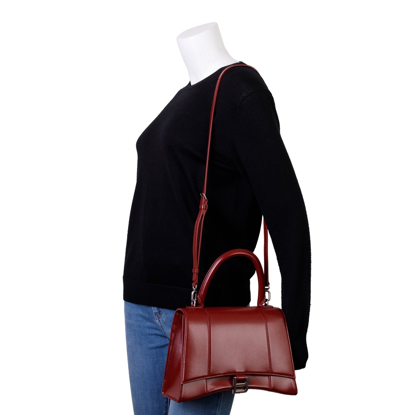 Balenciaga Burgundy Calfskin Leather Medium Hourglass Top Handle Bag