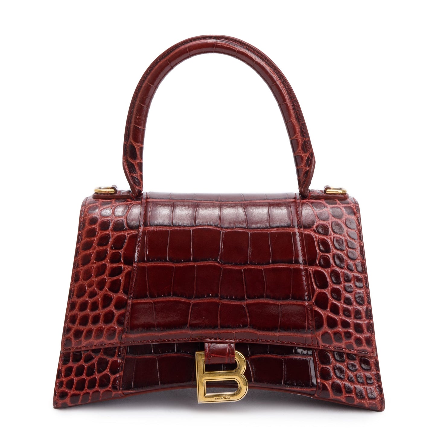 Balenciaga Burgundy Croc Embossed Leather Small Hourglass Top Handle Bag