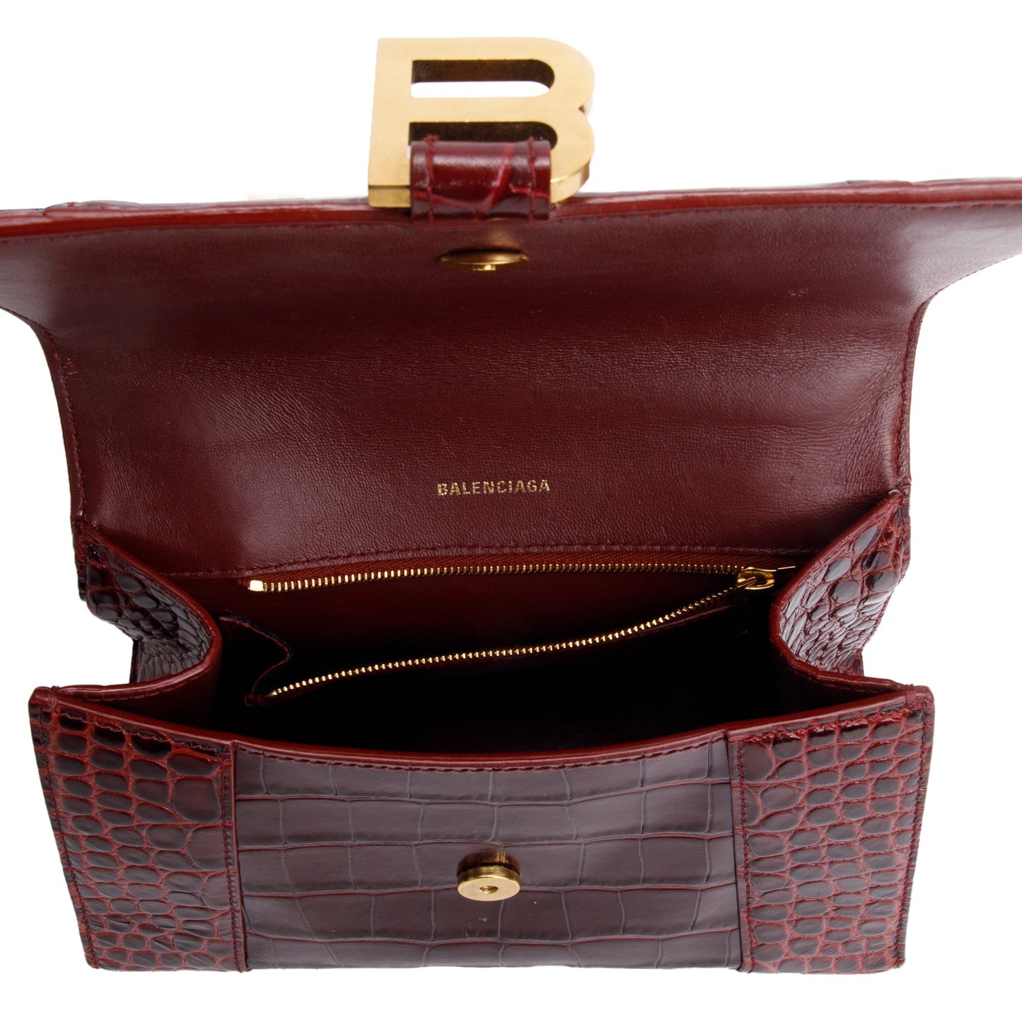 Balenciaga Burgundy Croc Embossed Leather Small Hourglass Top Handle Bag
