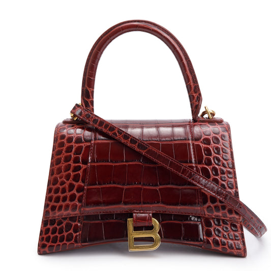 Balenciaga Burgundy Croc Embossed Leather Small Hourglass Top Handle Bag