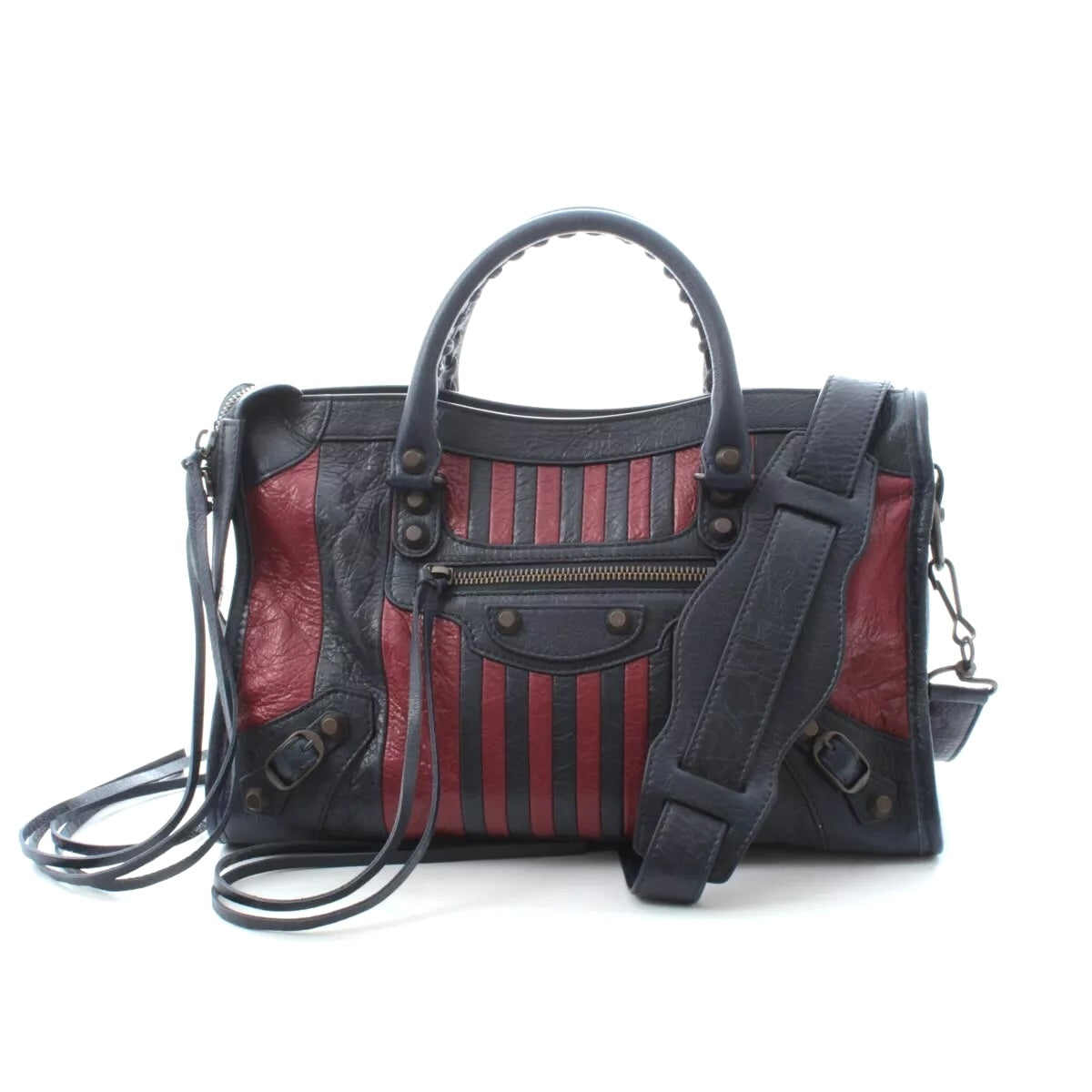 BALENCIAGA CLASSIC CITY S MARINE BORDEAUX STRIPE SATCHEL