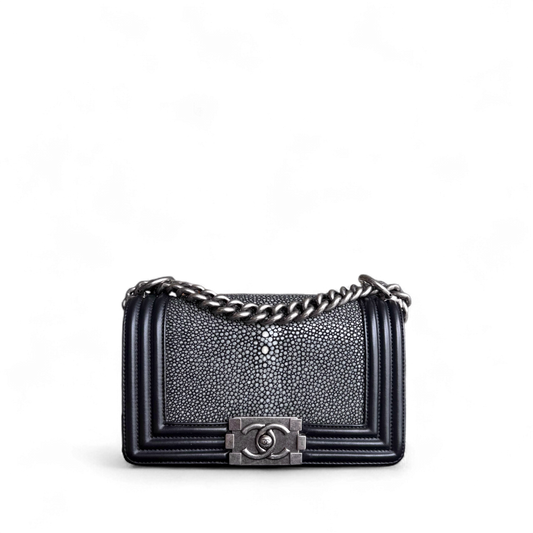 Chanel Boy Small - Small Galuchat Stingray Blue Ruthenium Silver Hardware Series 18