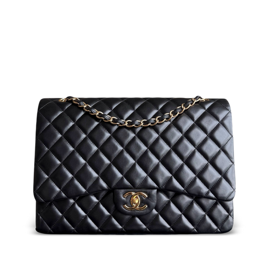 Chanel Classic Flap Maxi - Double Flap Quilted Lambskin Black Gold Hardware