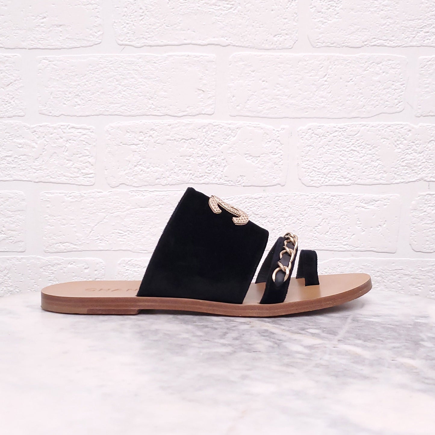 CHANEL BLACK VELVET CHAIN SANDALS - SIZE 39