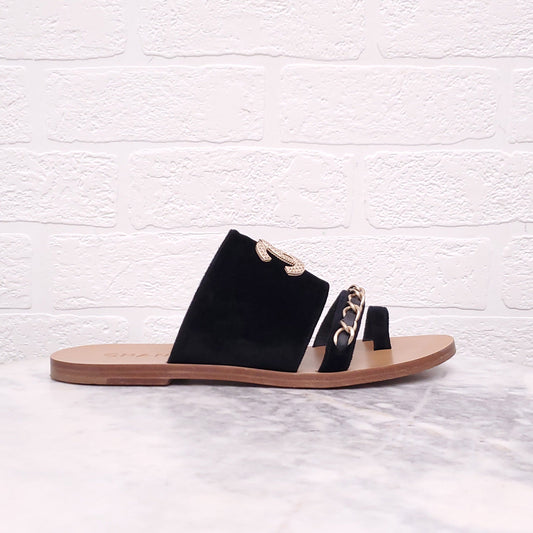 CHANEL BLACK VELVET CHAIN SANDALS - SIZE 39