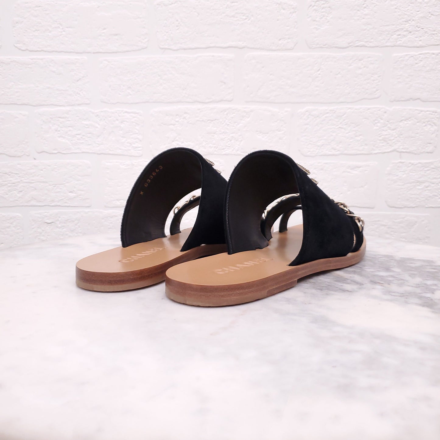 CHANEL BLACK VELVET CHAIN SANDALS - SIZE 39