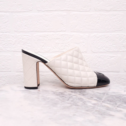 CHANEL CREAM AND BLACK TOE CAP QUILTED HEELED MULES - SIZE 41.5