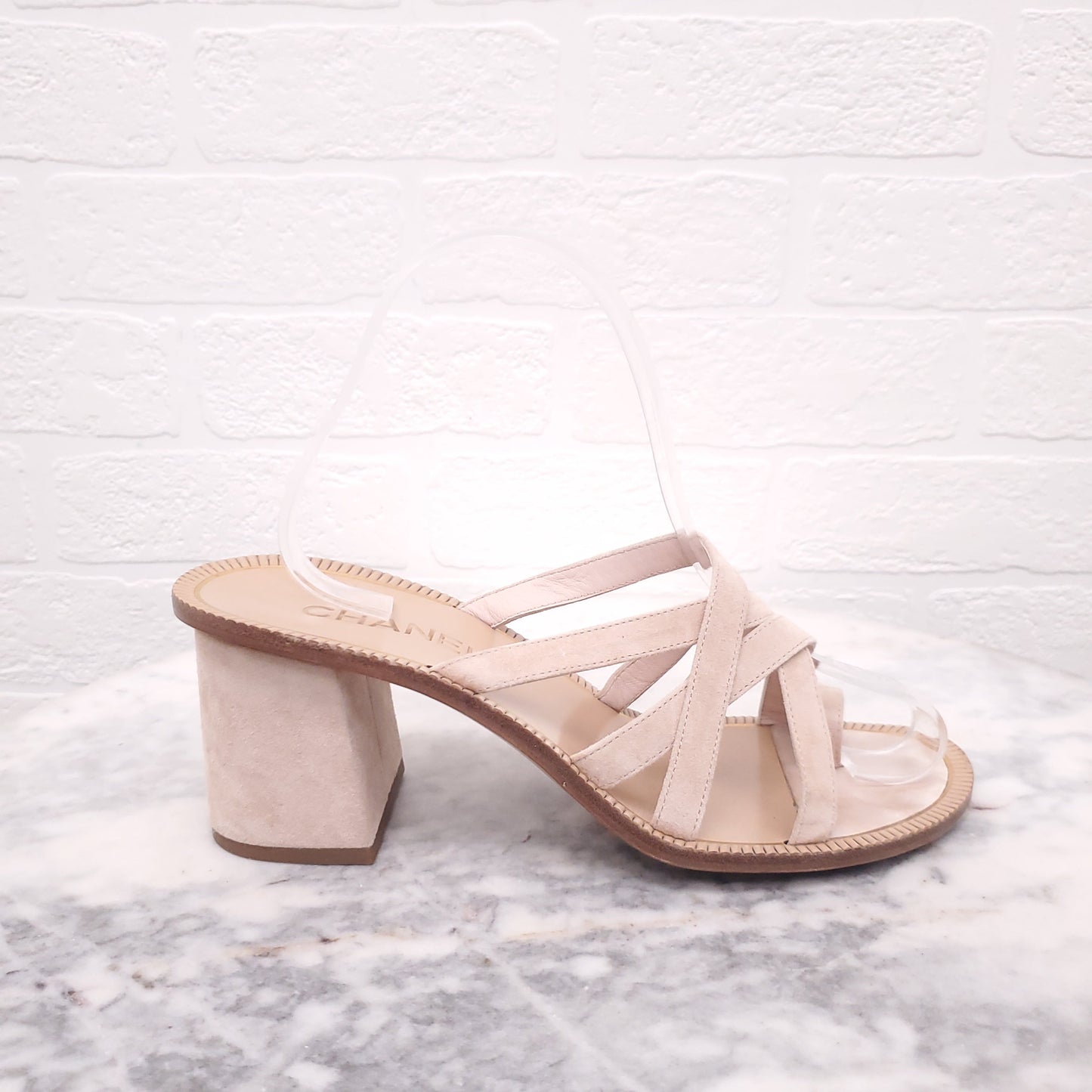 CHANEL 'GREECE' COLLECTION SUEDE SANDAL WITH LOGO ON HEEL- SIZE 38