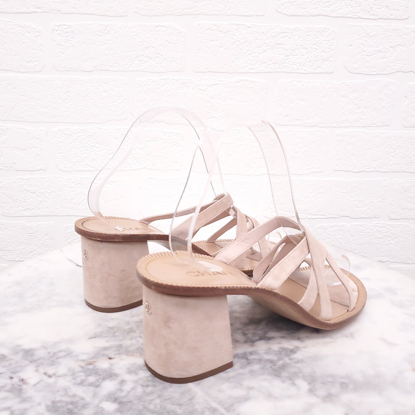 CHANEL 'GREECE' COLLECTION SUEDE SANDAL WITH LOGO ON HEEL- SIZE 38