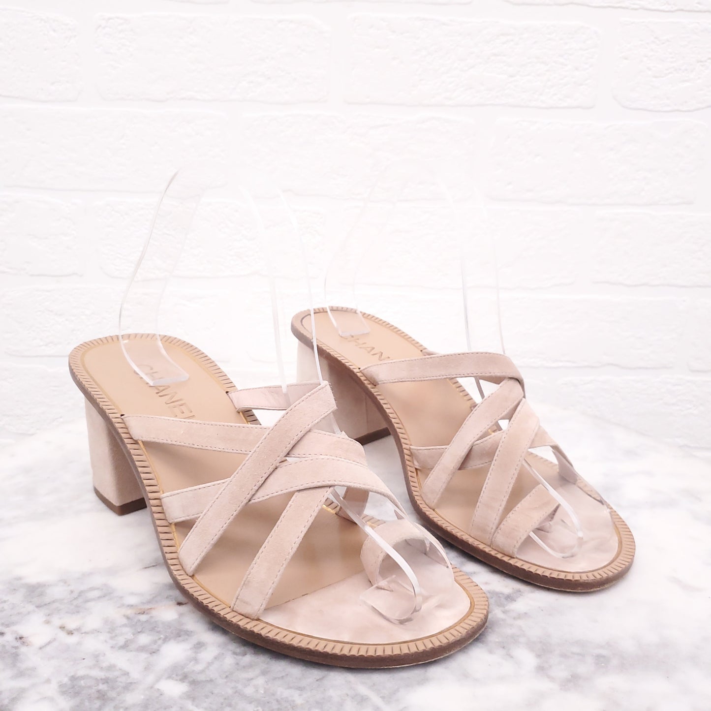 CHANEL 'GREECE' COLLECTION SUEDE SANDAL WITH LOGO ON HEEL- SIZE 38