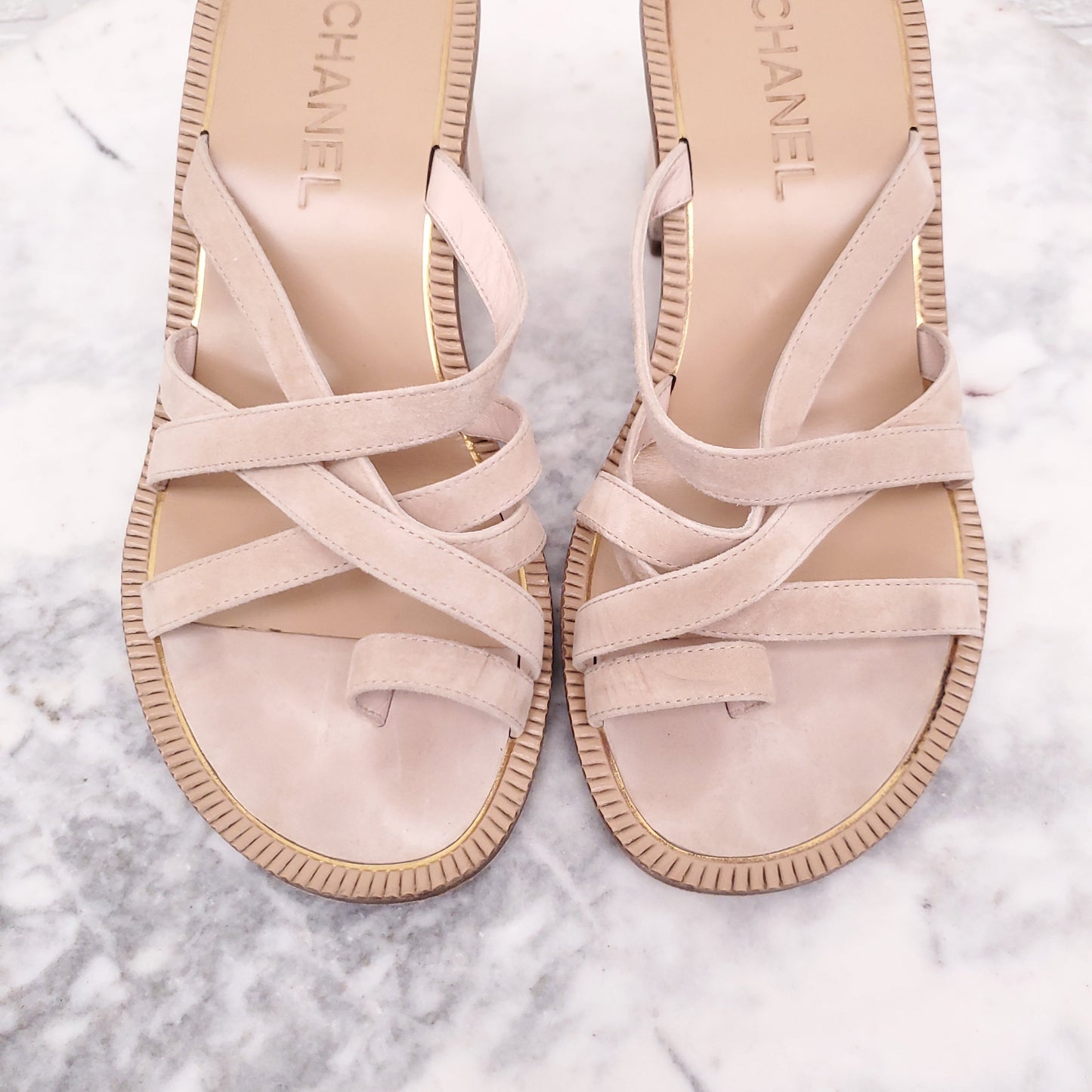 CHANEL 'GREECE' COLLECTION SUEDE SANDAL WITH LOGO ON HEEL- SIZE 38