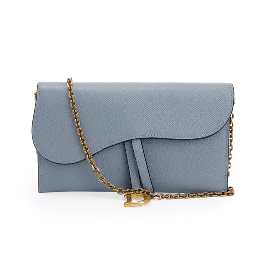 Christian Dior 2022 Blue Grained Calfskin Leather Saddle Chain Pouch