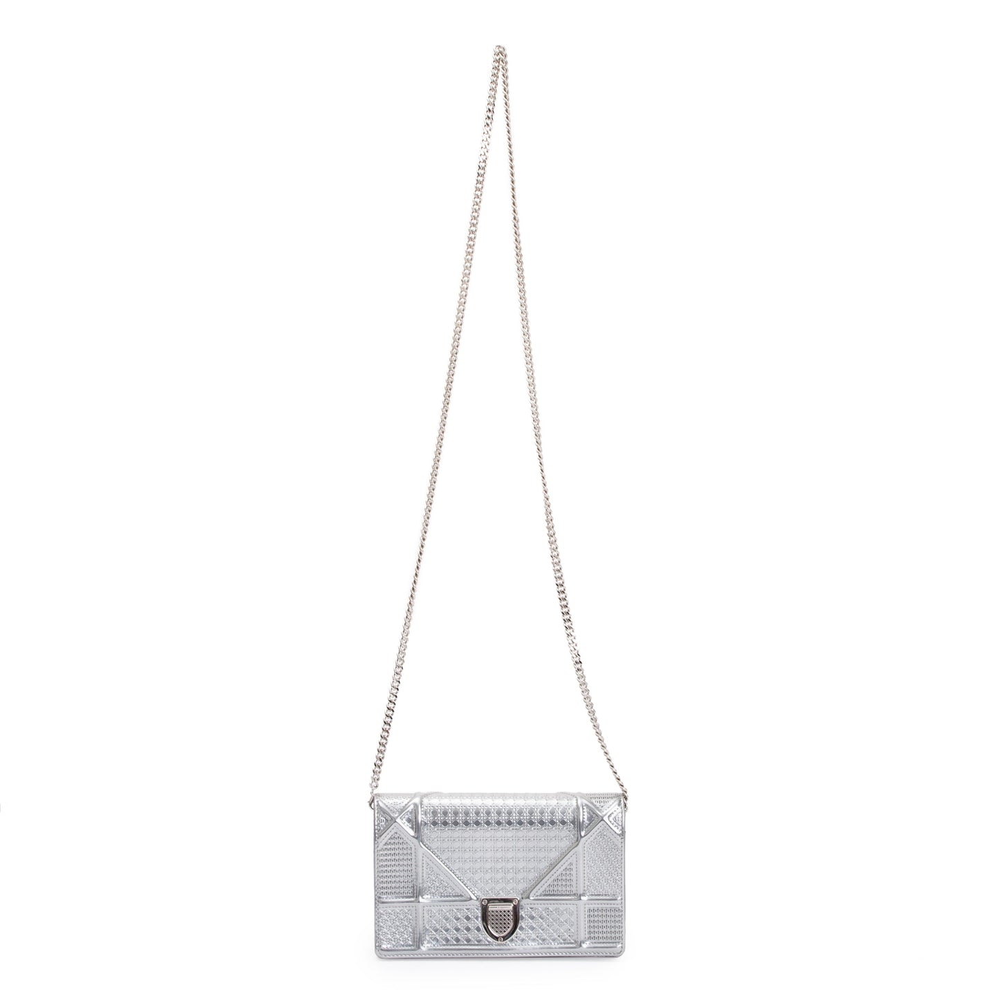 Christian Dior Metallic Silver Cannage Patent Leather Diorama Wallet on Chain