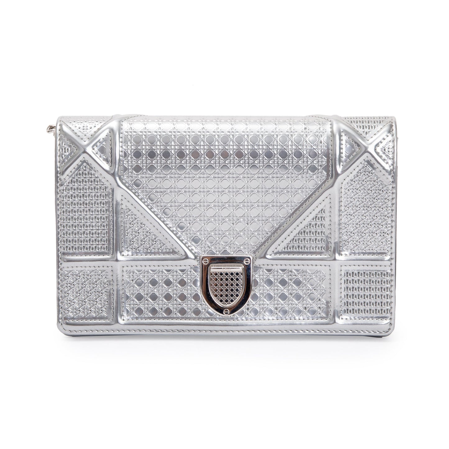 Christian Dior Metallic Silver Cannage Patent Leather Diorama Wallet on Chain