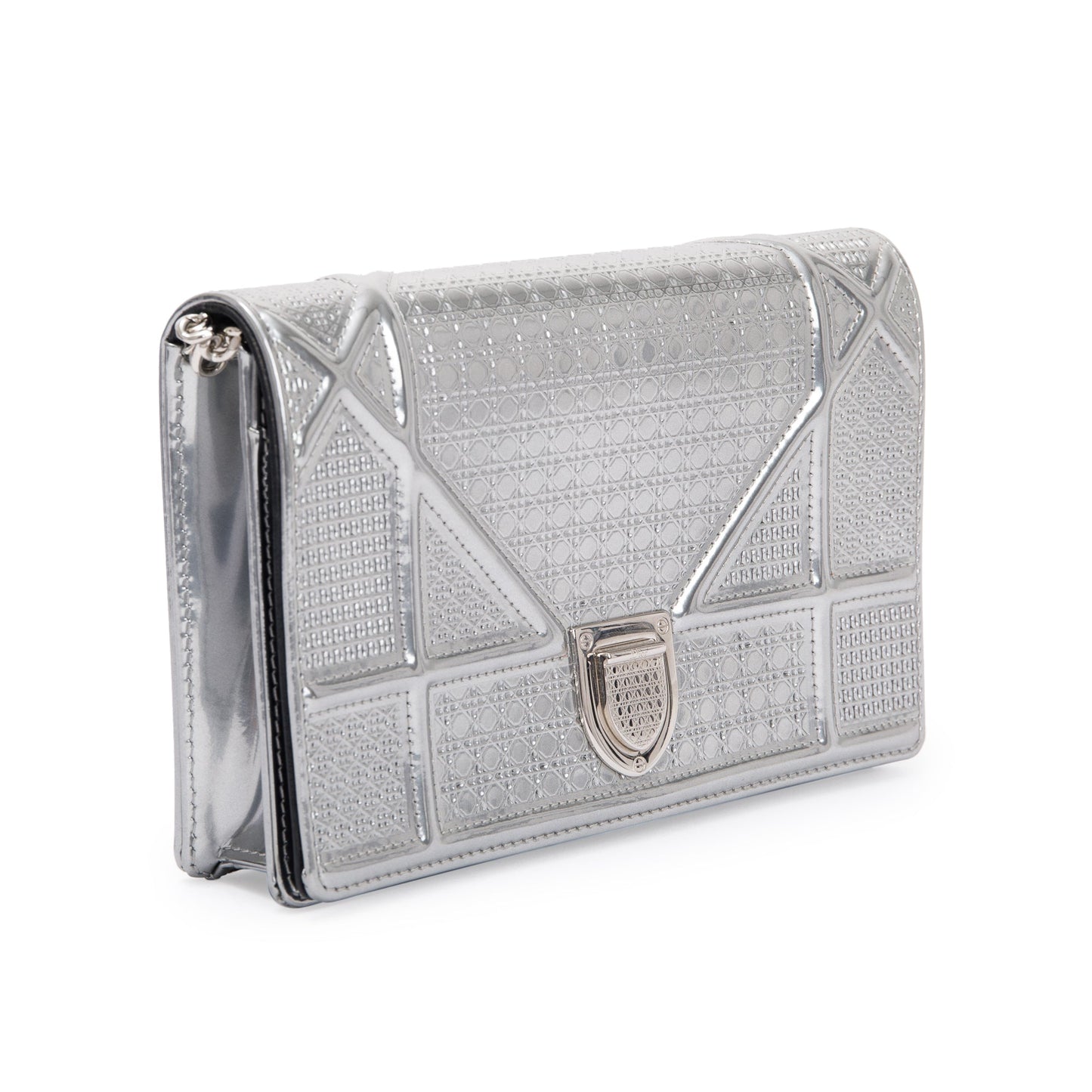 Christian Dior Metallic Silver Cannage Patent Leather Diorama Wallet on Chain