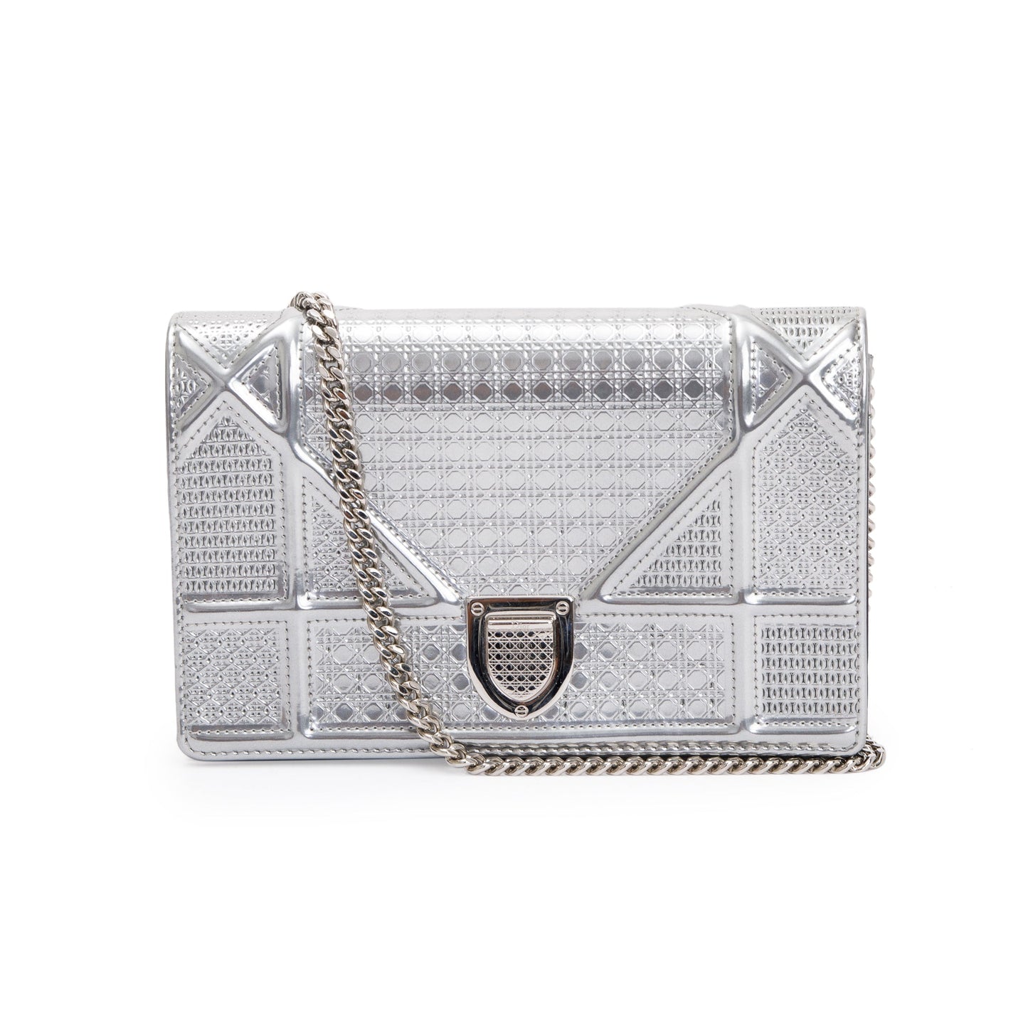 Christian Dior Metallic Silver Cannage Patent Leather Diorama Wallet on Chain