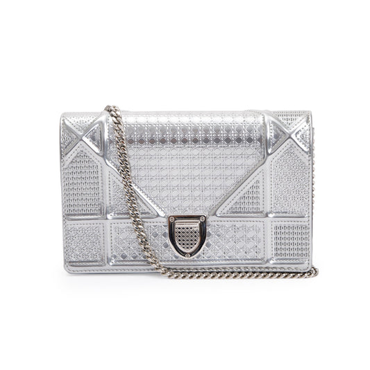 Christian Dior Metallic Silver Cannage Patent Leather Diorama Wallet on Chain