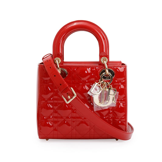 Christian Dior Red Patent Cannage Leather Small Lady Dior Bag