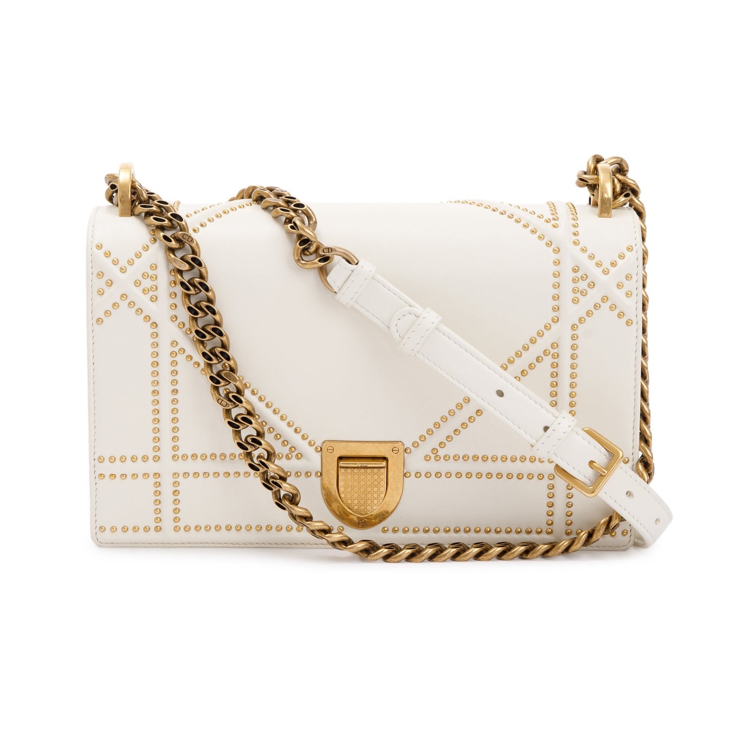 Christian Dior White Calfskin Leather Medium Studded Diorama Flap Bag