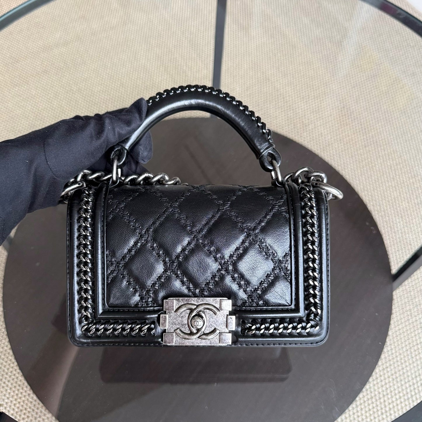 Chanel Boy Small Handle - 20CM Calfskin Chain Around Top Handle Limited Edition Black Ruthenium Silver Hardware Series 21