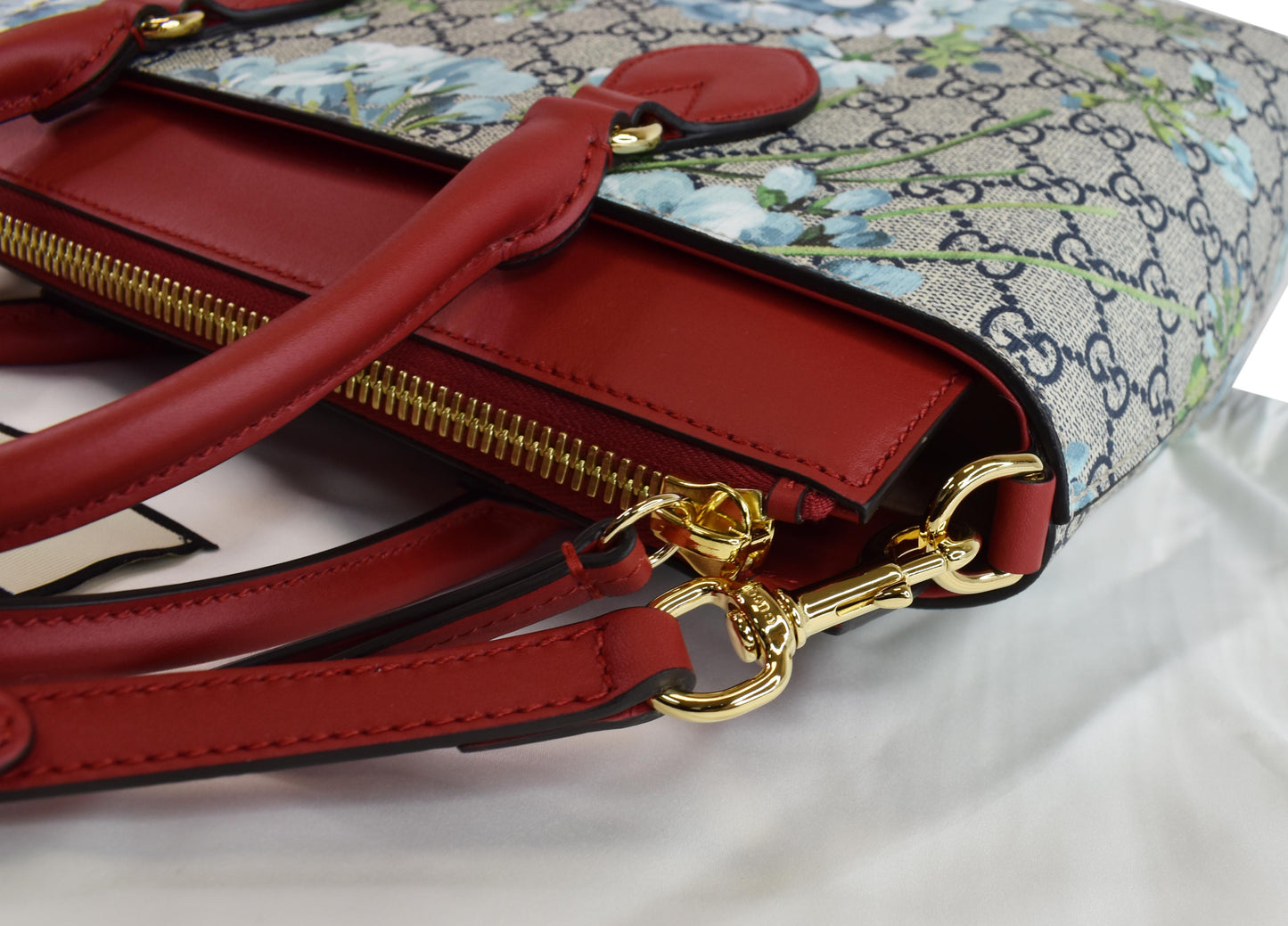 GUCCI Blooms GG Floral Supreme Canvas Leather Satchel Bag Red 546316